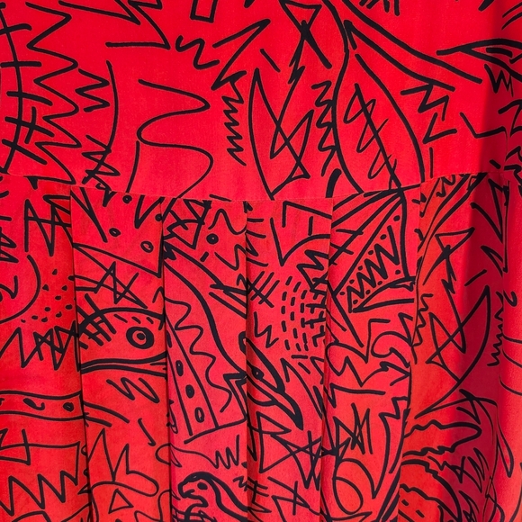 Vintage 100% Silk Red Pleat Front Midi Skirt Abstract Pattern size 12 - Picture 5 of 7